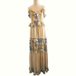 Blush Boutique Maxi Dress  Boho Ruffle Beachy Vacation Tropical V-Neck M